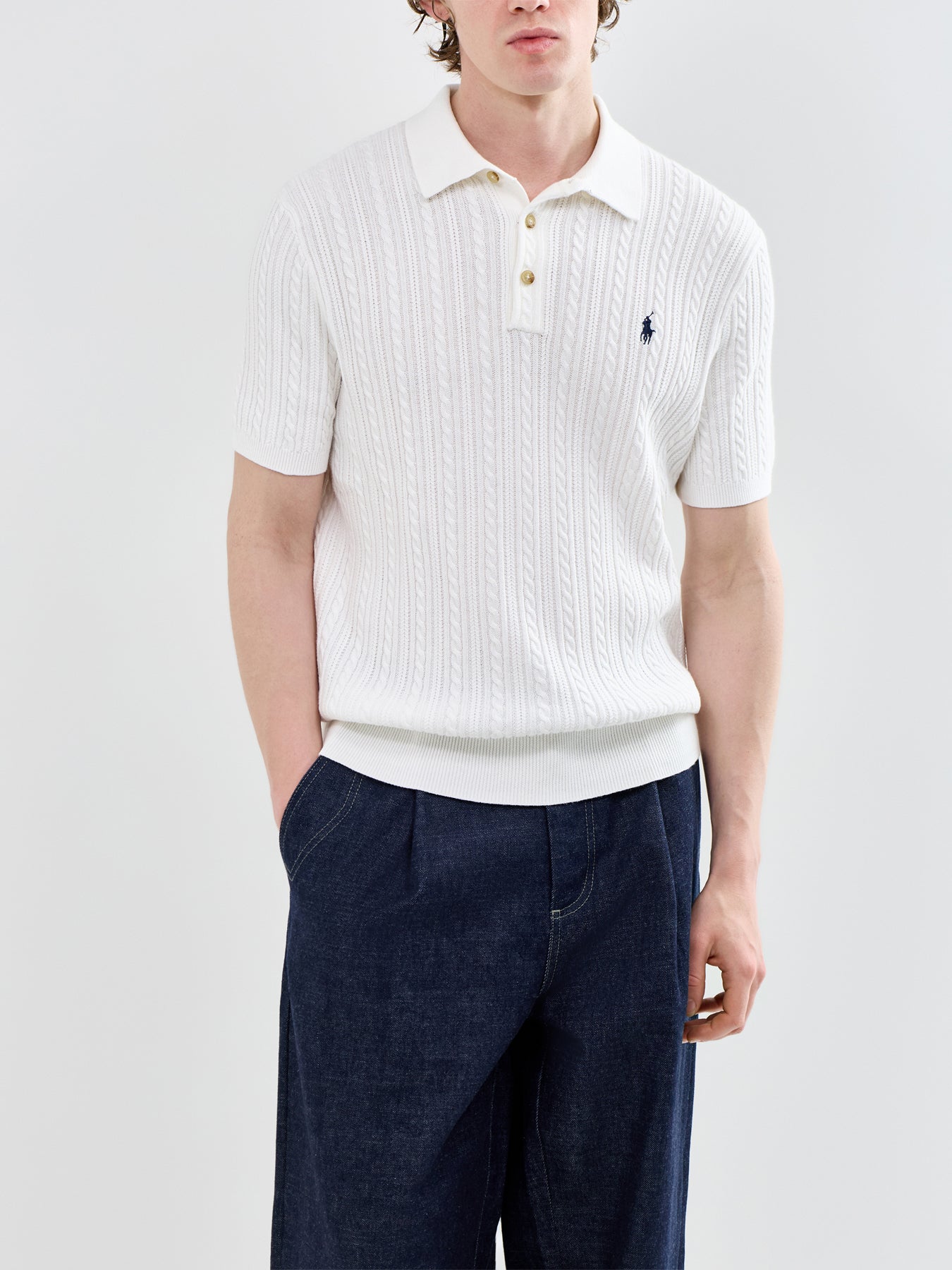 Cable Knit Polo Shirt White