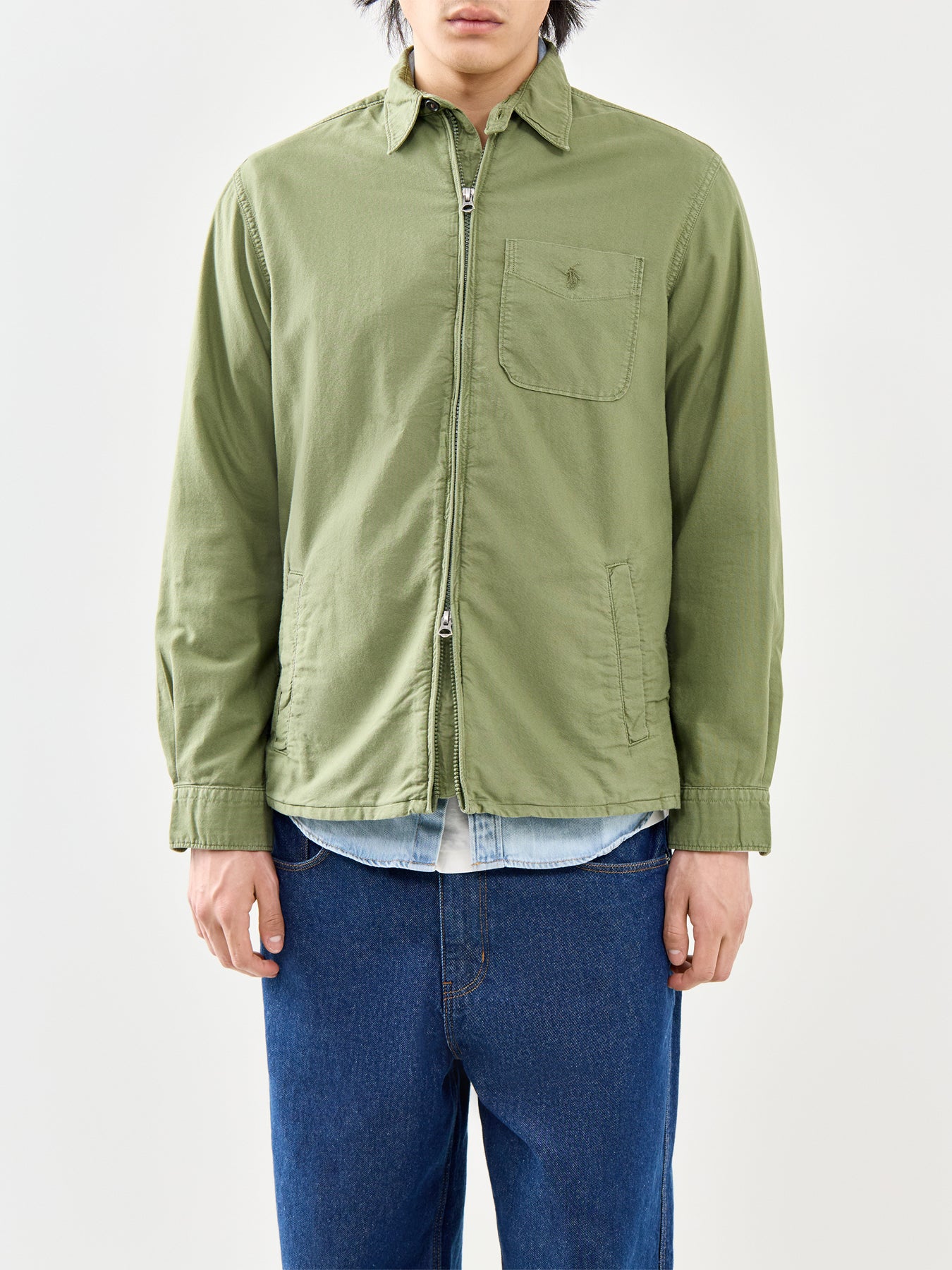 Zip Up Oxford Overshirt Olive