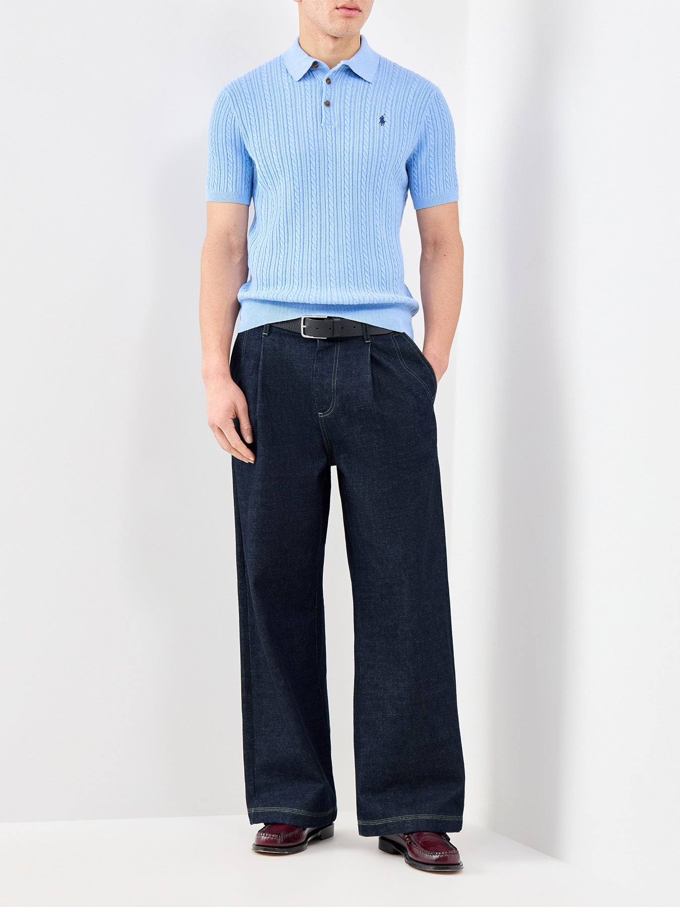 Cable Knit Polo Shirt Blue