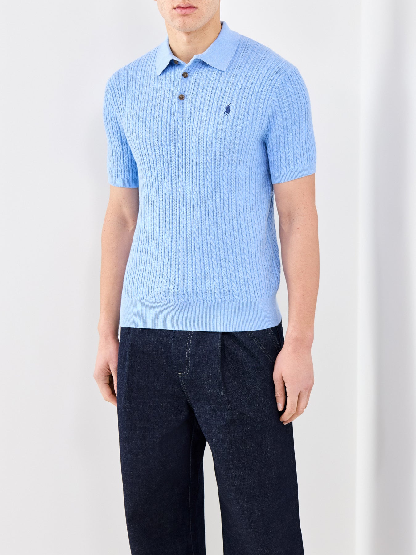 Cable Knit Polo Shirt Blue
