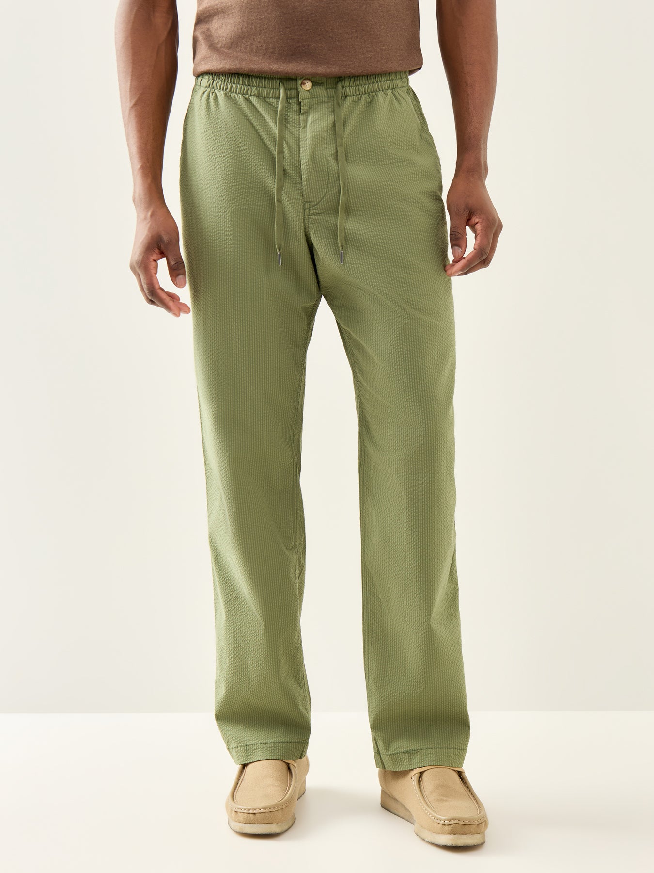 Seersucker Drawstring Trousers Olive
