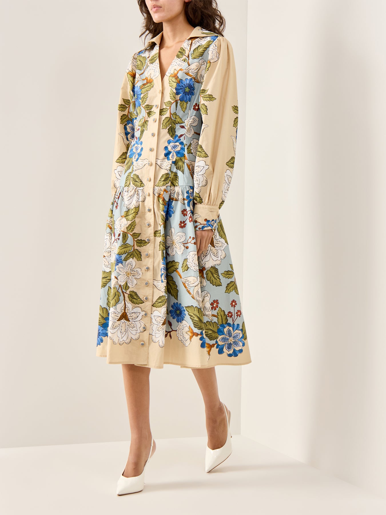 Garden Scarf Blue Long Sleeve Midi Dress