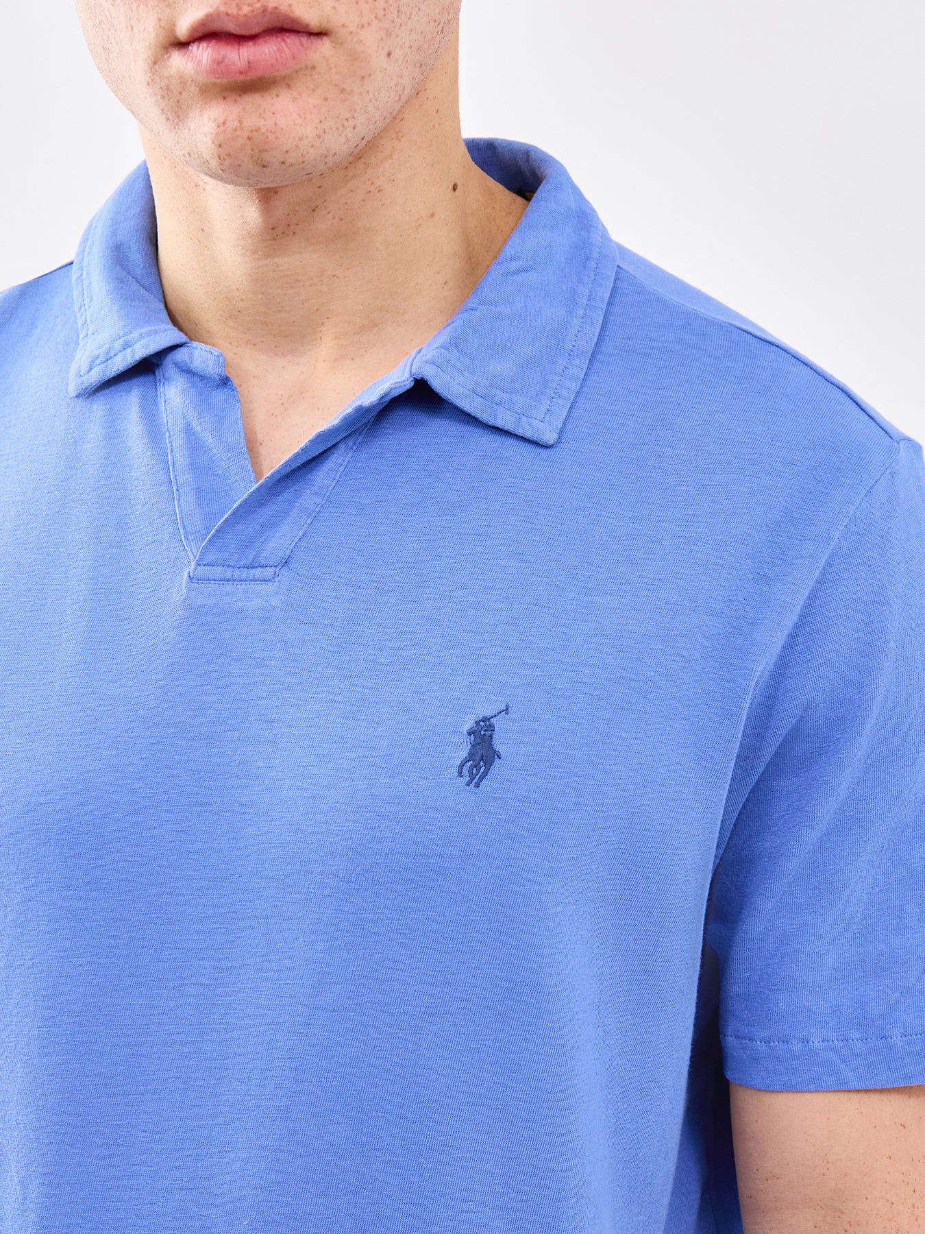 Open Neck Linen Polo Shirt Blue