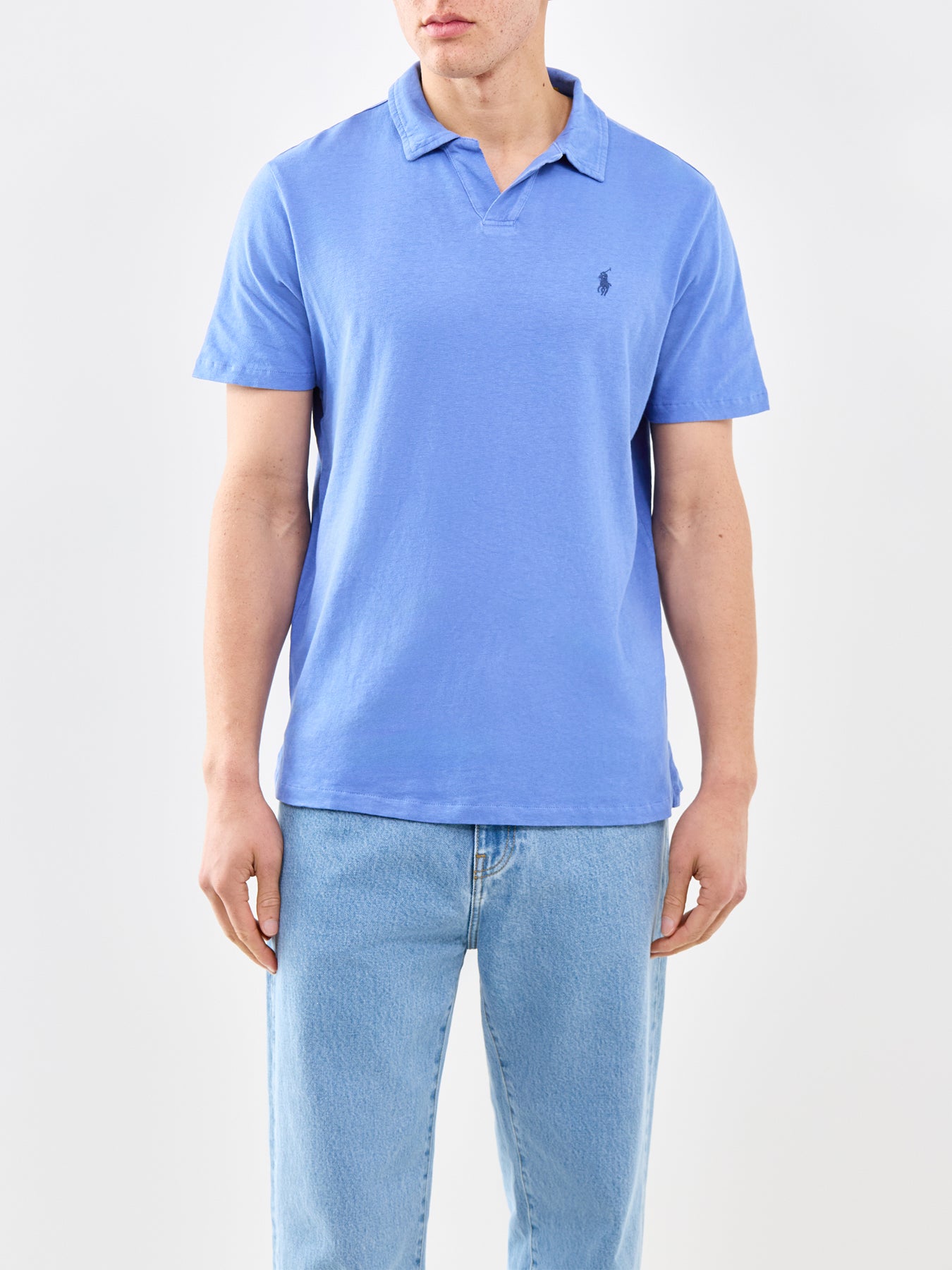 Open Neck Linen Polo Shirt Blue