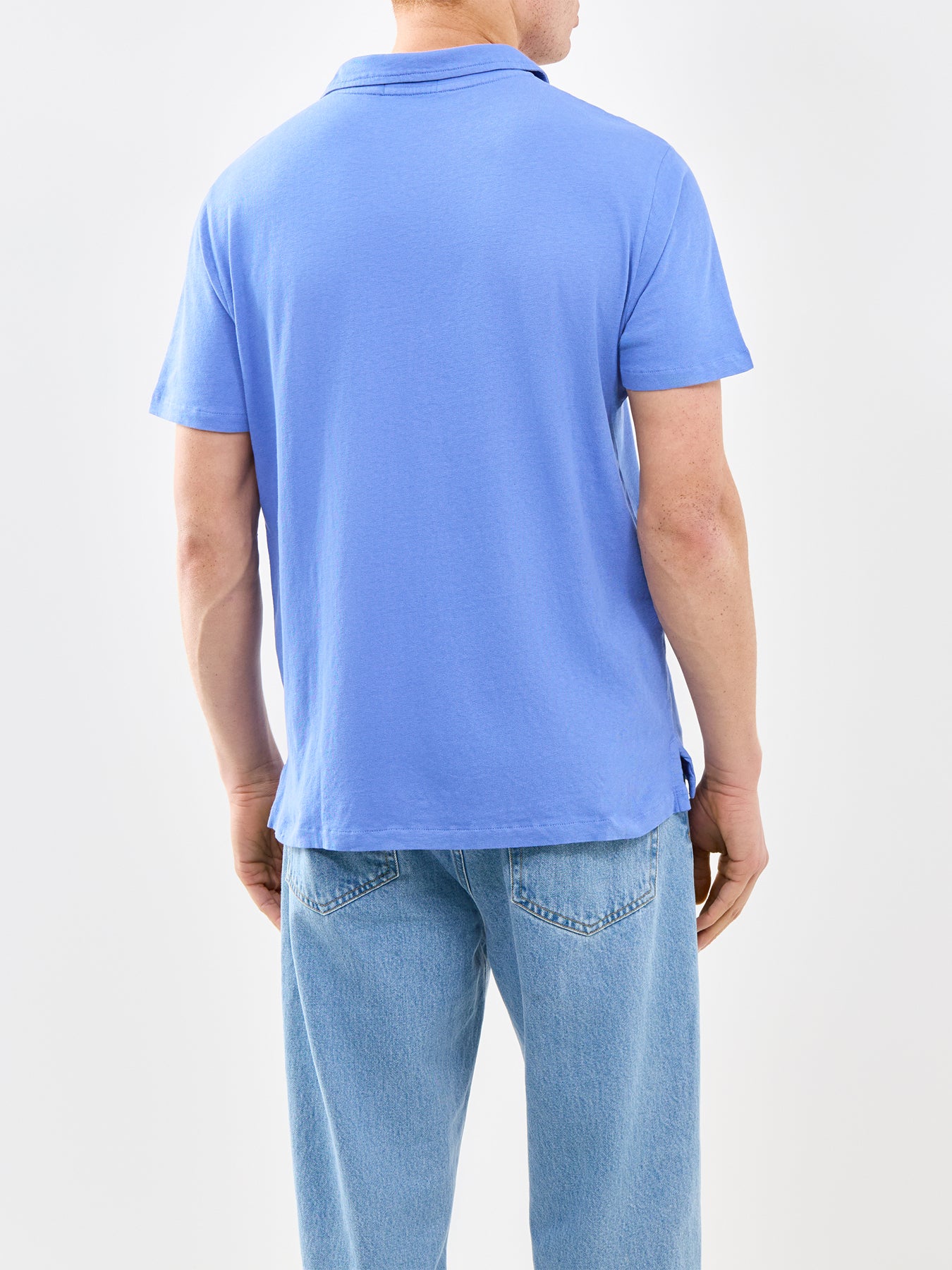 Open Neck Linen Polo Shirt Blue