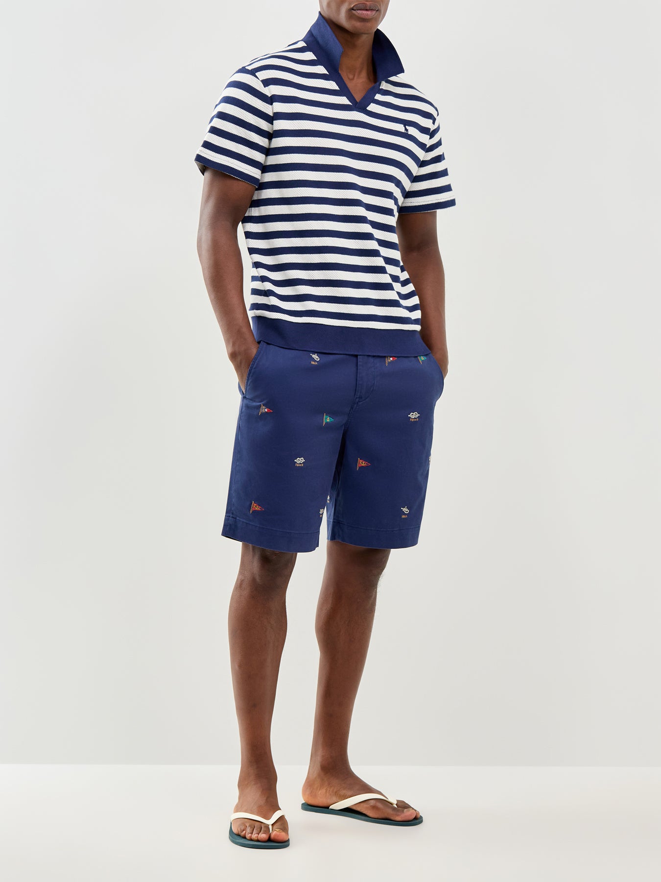 Open Neck Stripe Polo Navy