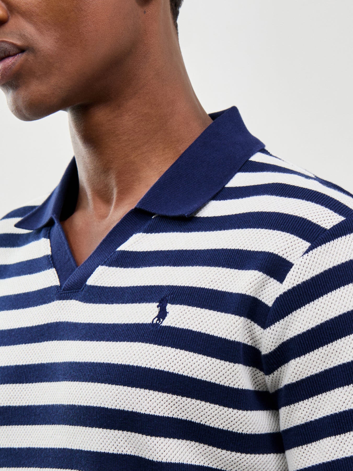 Open Neck Stripe Polo Navy