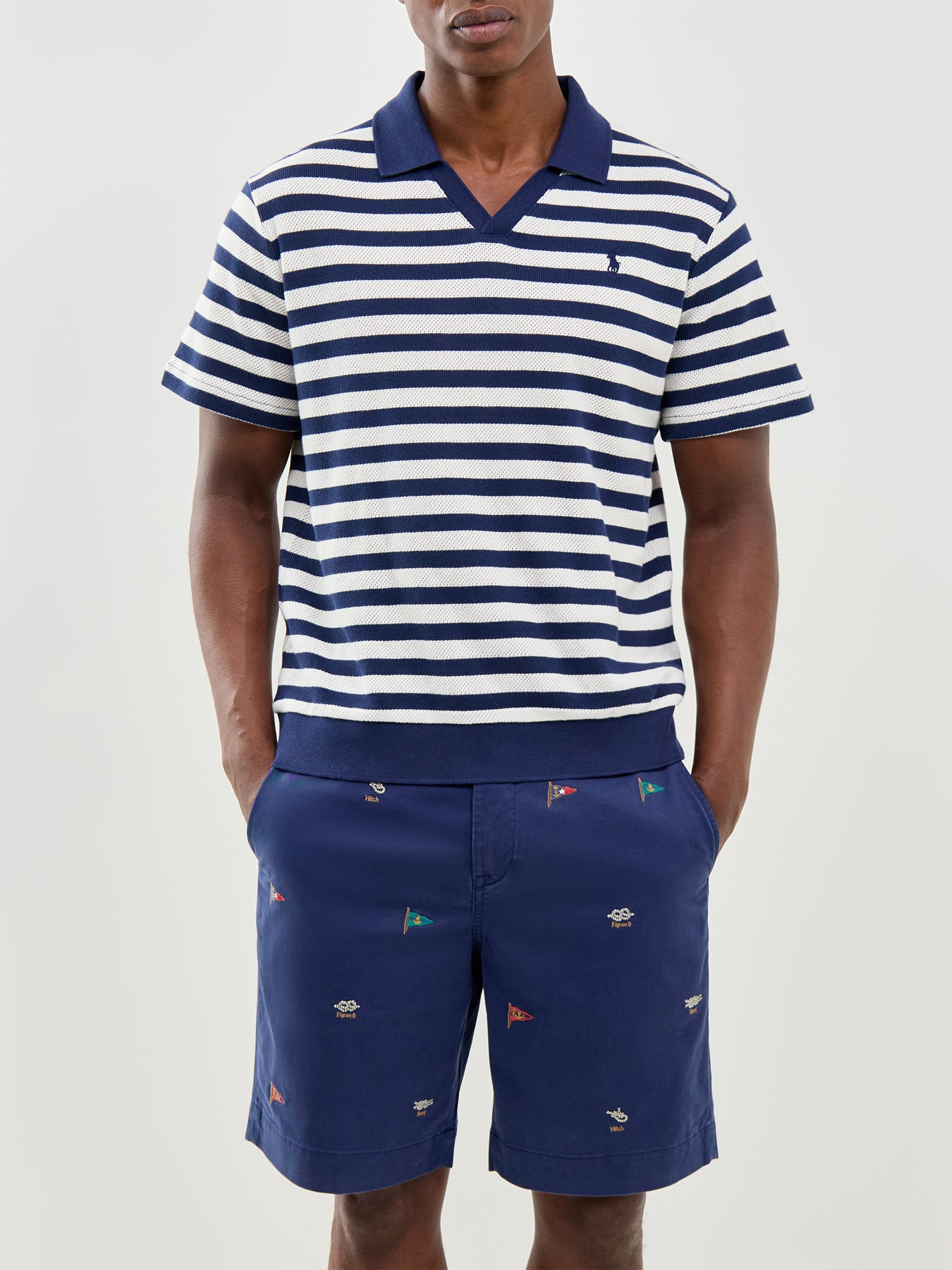 Open Neck Stripe Polo Navy