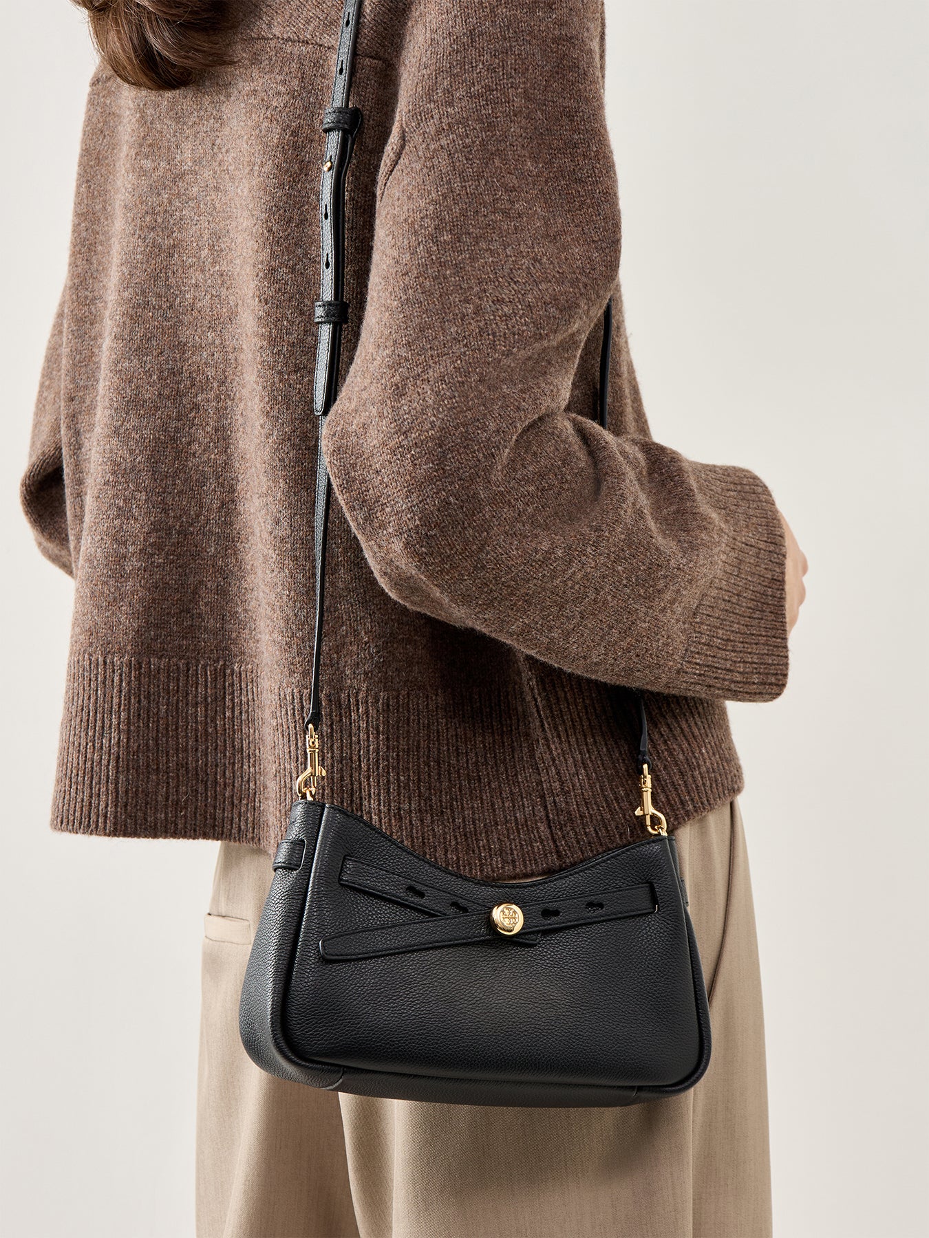 Romy Zip Top Leather Crossbody Black