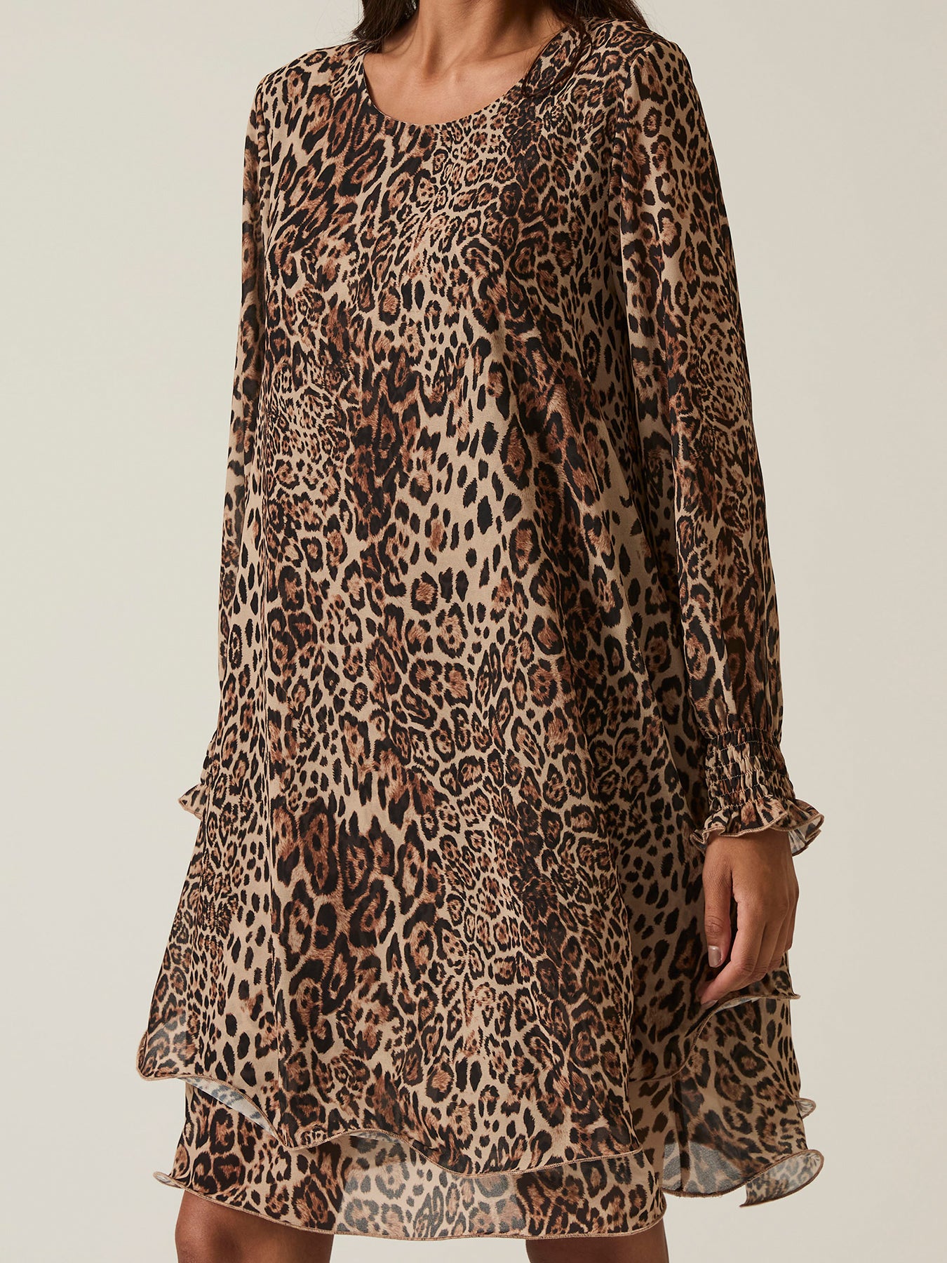 Leopard Wave Hem Midi Dress Brown