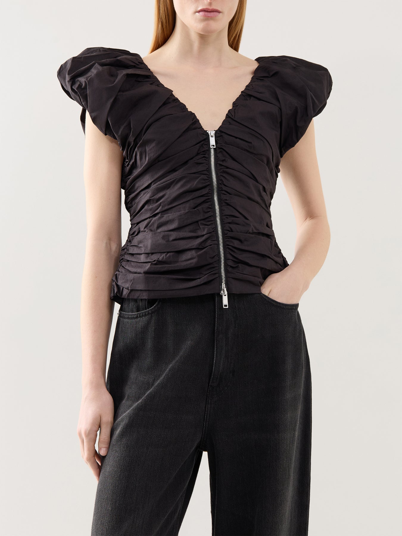 Stretch Cotton Ruched Top Black