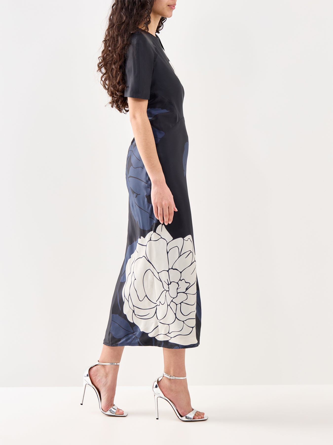 Split Hem Detail Midi Dress Dark Navy Pale Rose