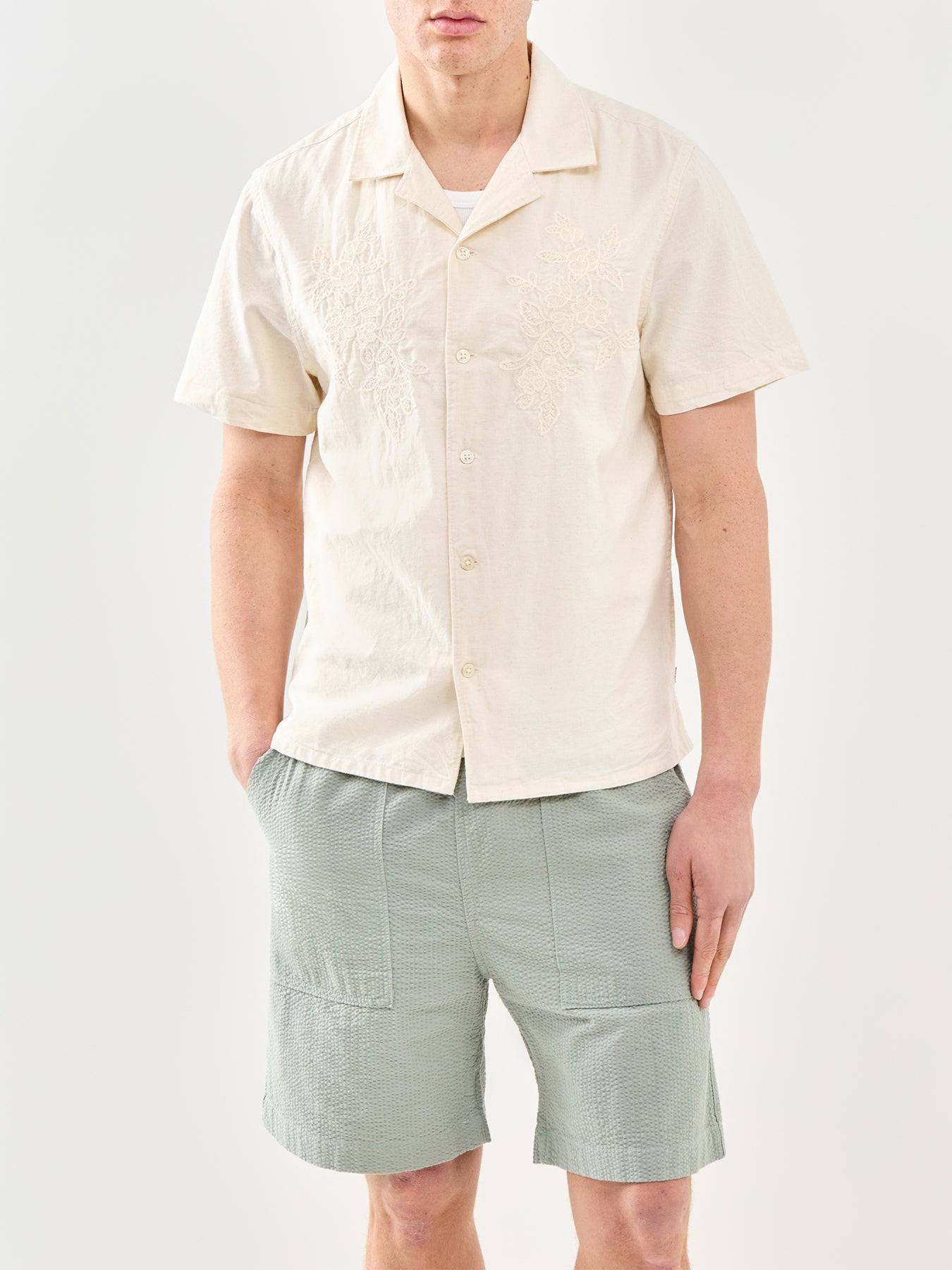 Sunset Camp Short Sleeve Embroidered Shirt Cream