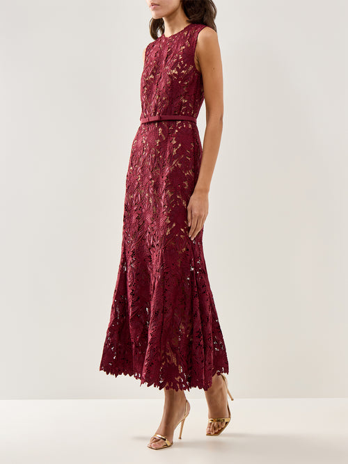 Guipure Lace Midi Dress Burgundy