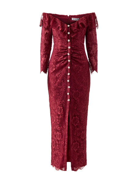 Burgundy Off Shoulder Gathered Lace Maxi Dress  Fenwick