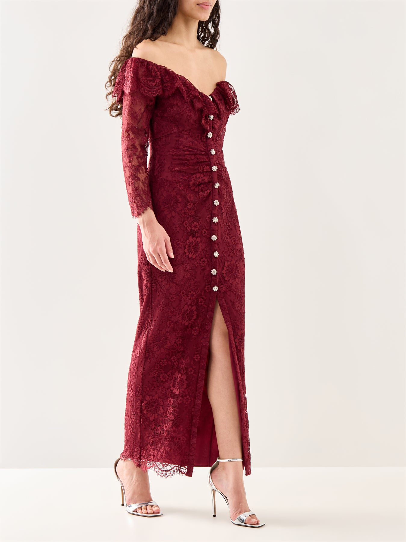 Burgundy Off Shoulder Gathered Lace Maxi Dress Fenwick Burgundy Off Shoulder Gathered Lace Maxi Dress Fenwick