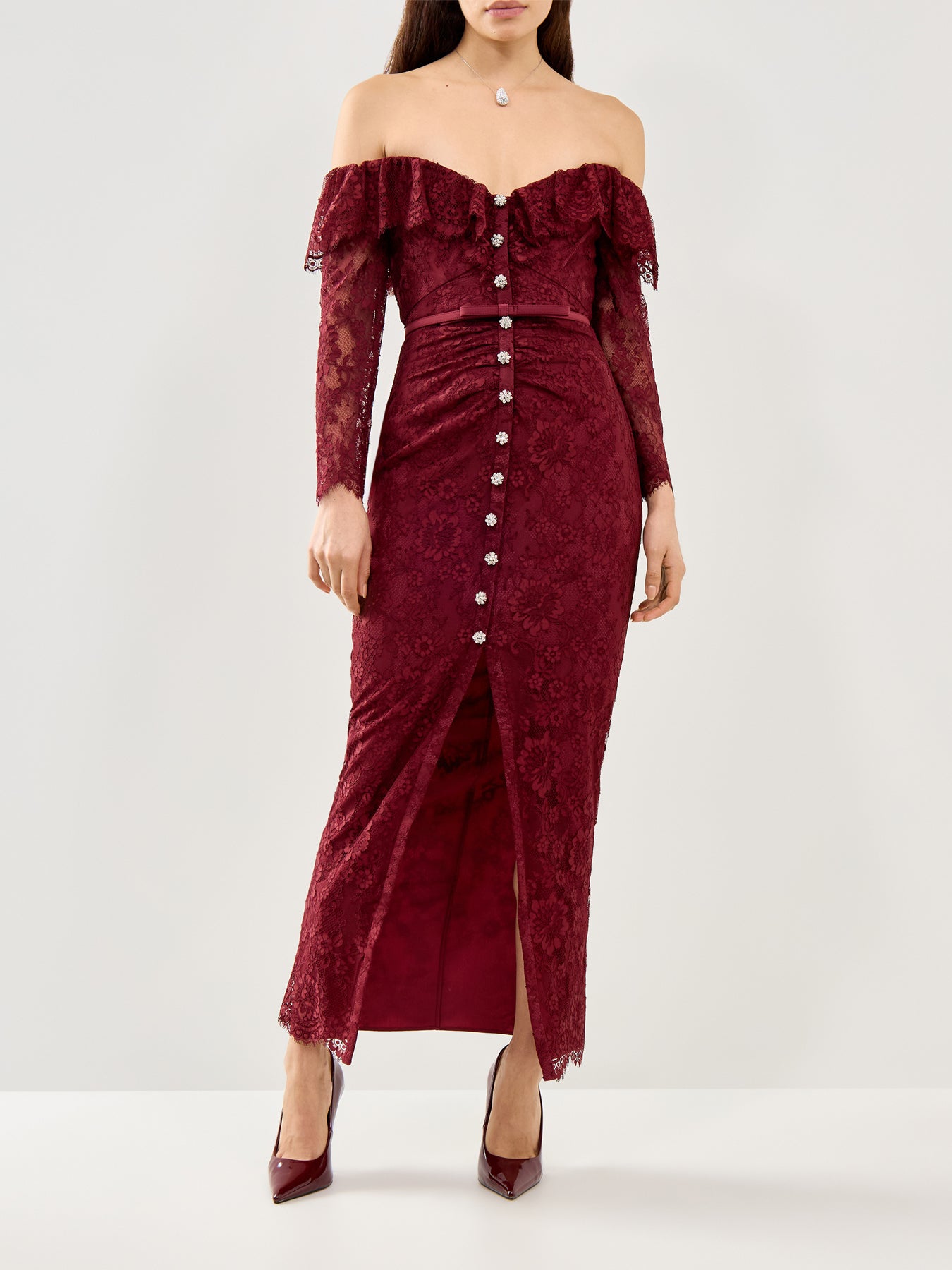 Burgundy Off Shoulder Gathered Lace Maxi Dress