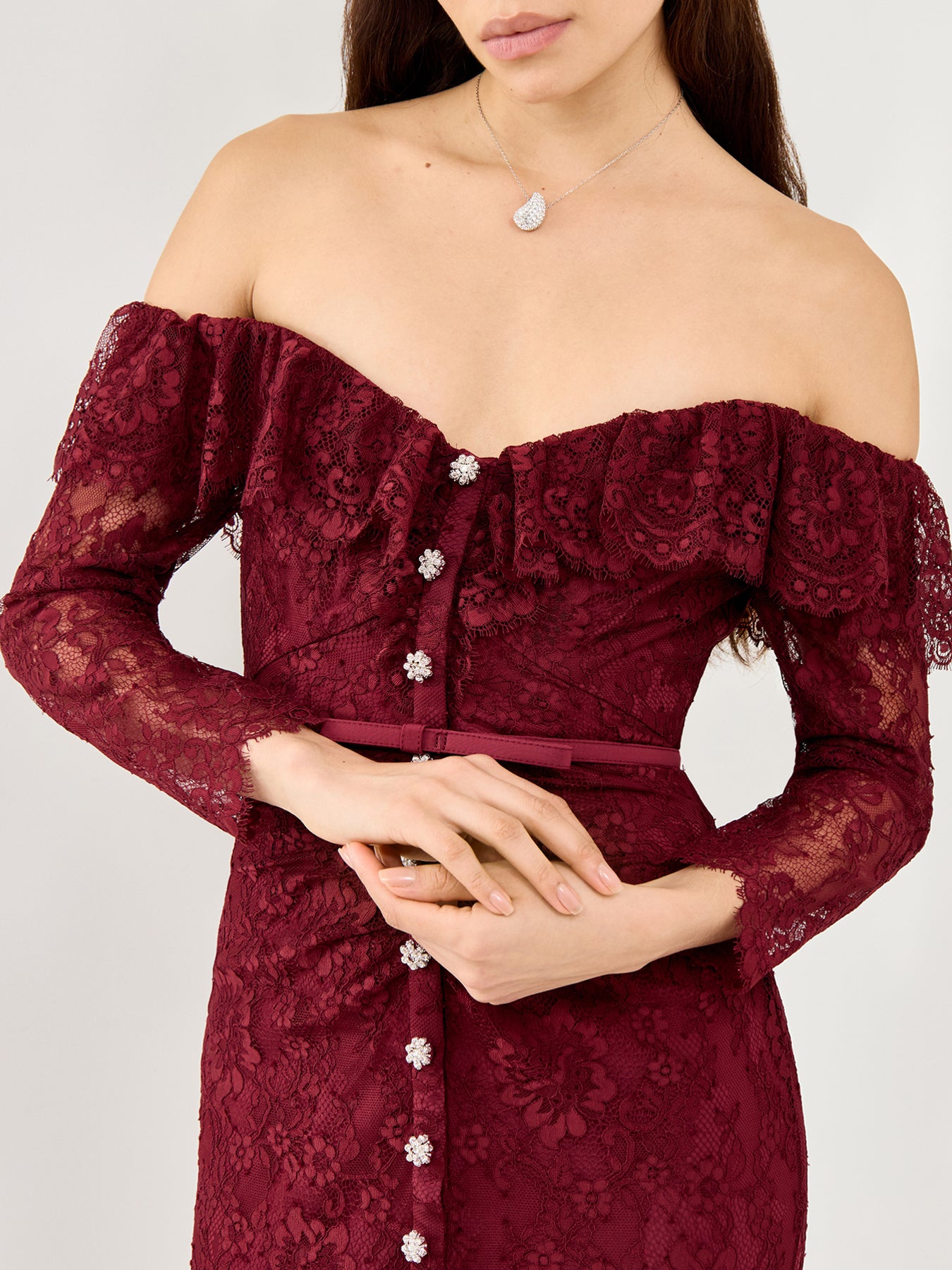 Burgundy Off Shoulder Gathered Lace Maxi Dress