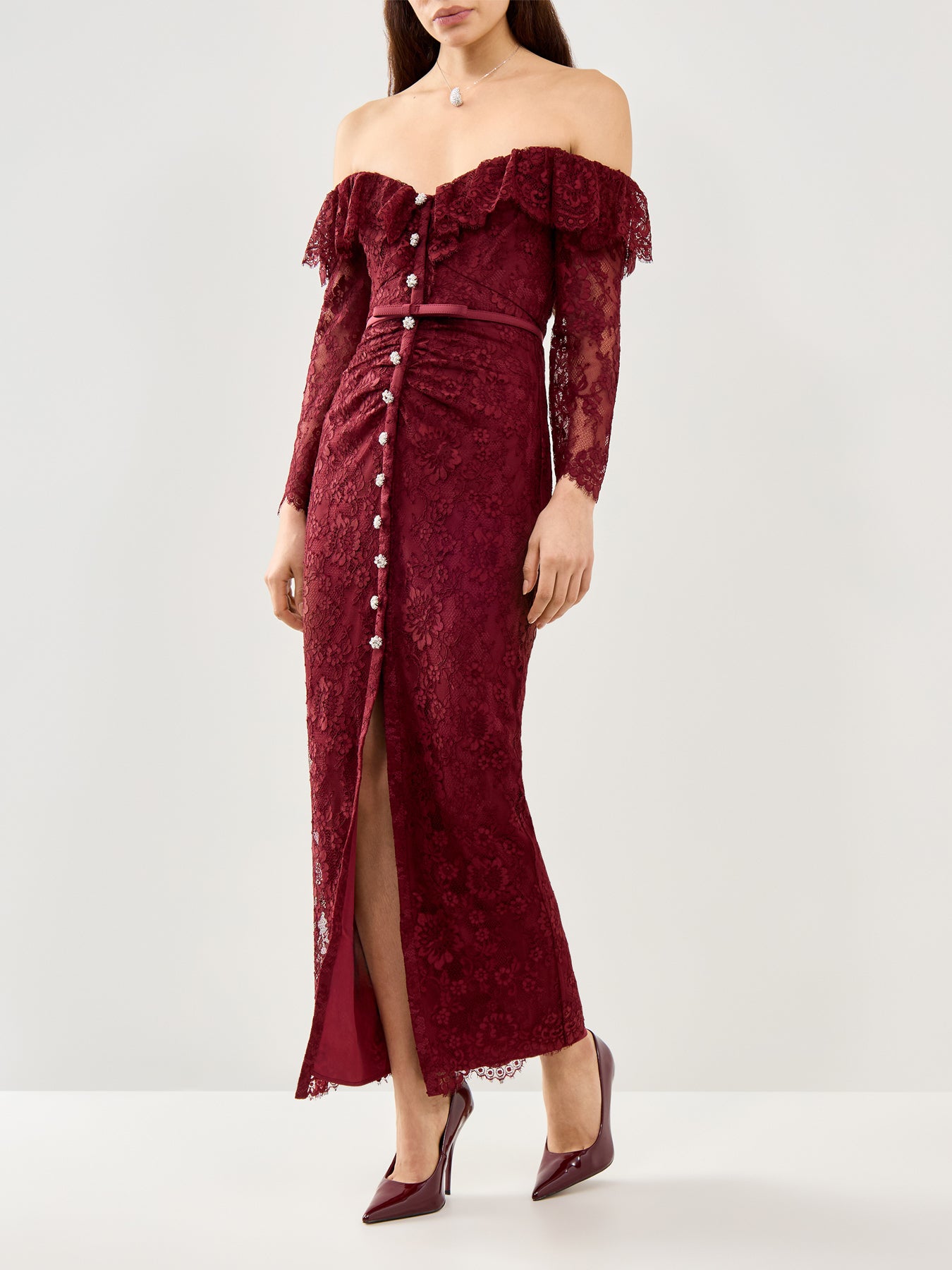Burgundy Off Shoulder Gathered Lace Maxi Dress