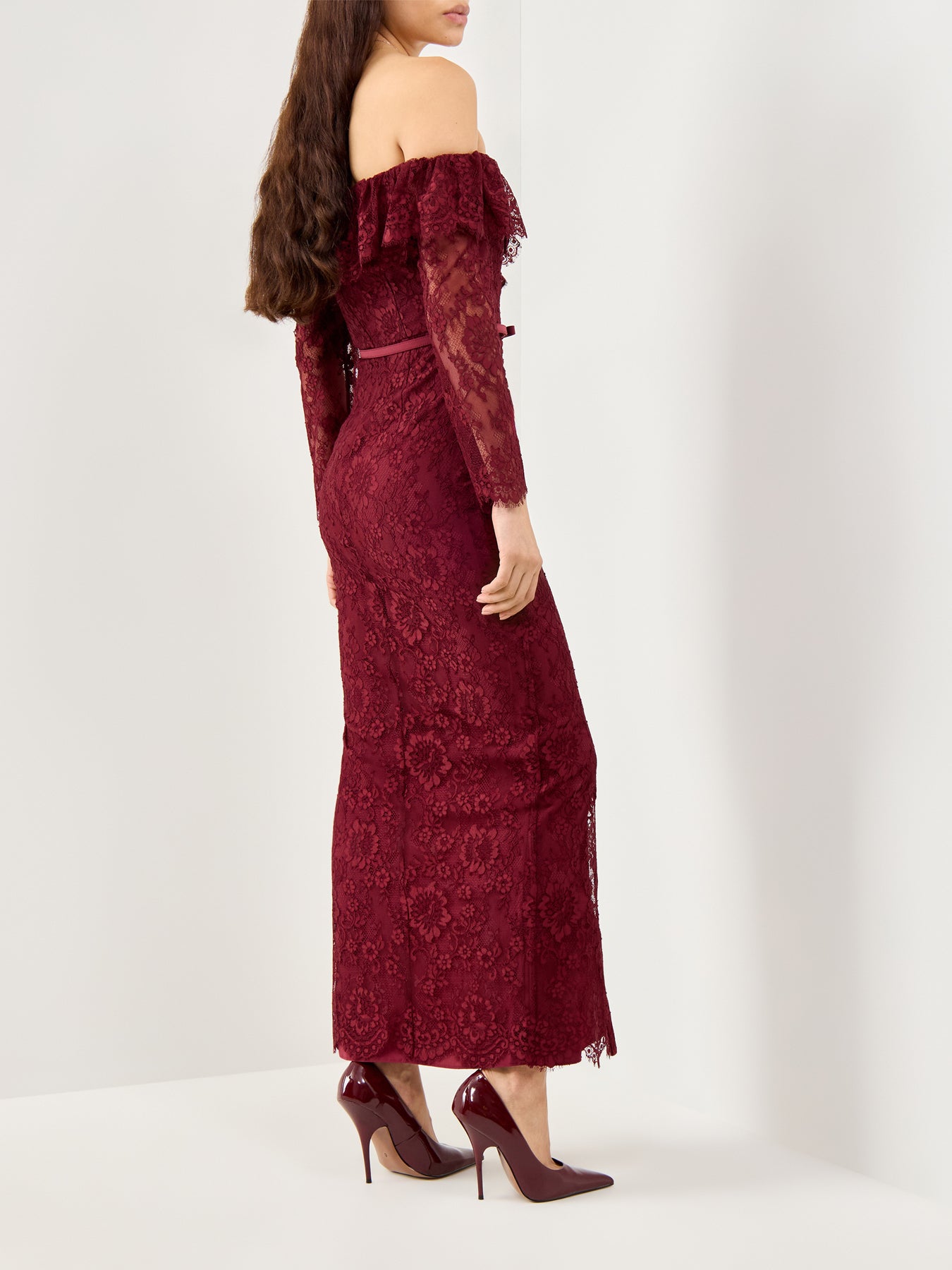 Burgundy Off Shoulder Gathered Lace Maxi Dress