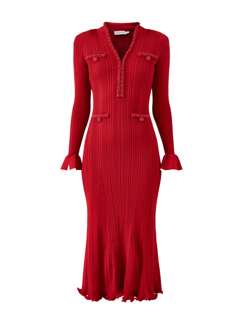 Red Pearl Trim Knit Midi Dress Red
