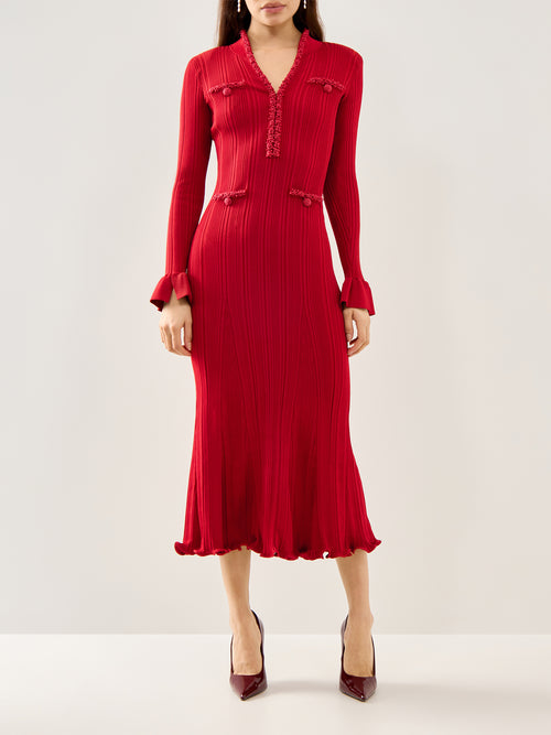 Red Pearl Trim Knit Midi Dress Red
