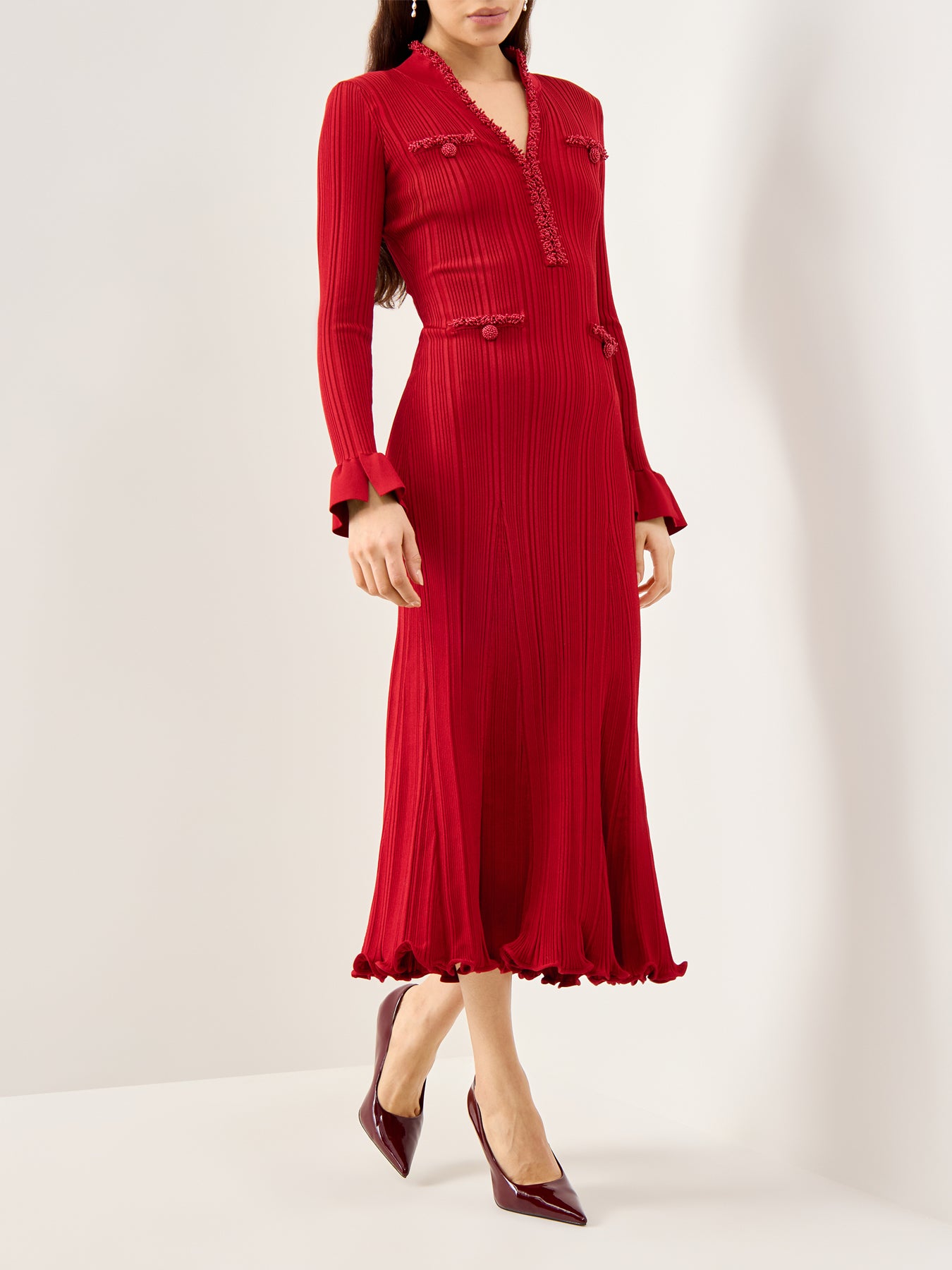 Red Pearl Trim Knit Midi Dress Red