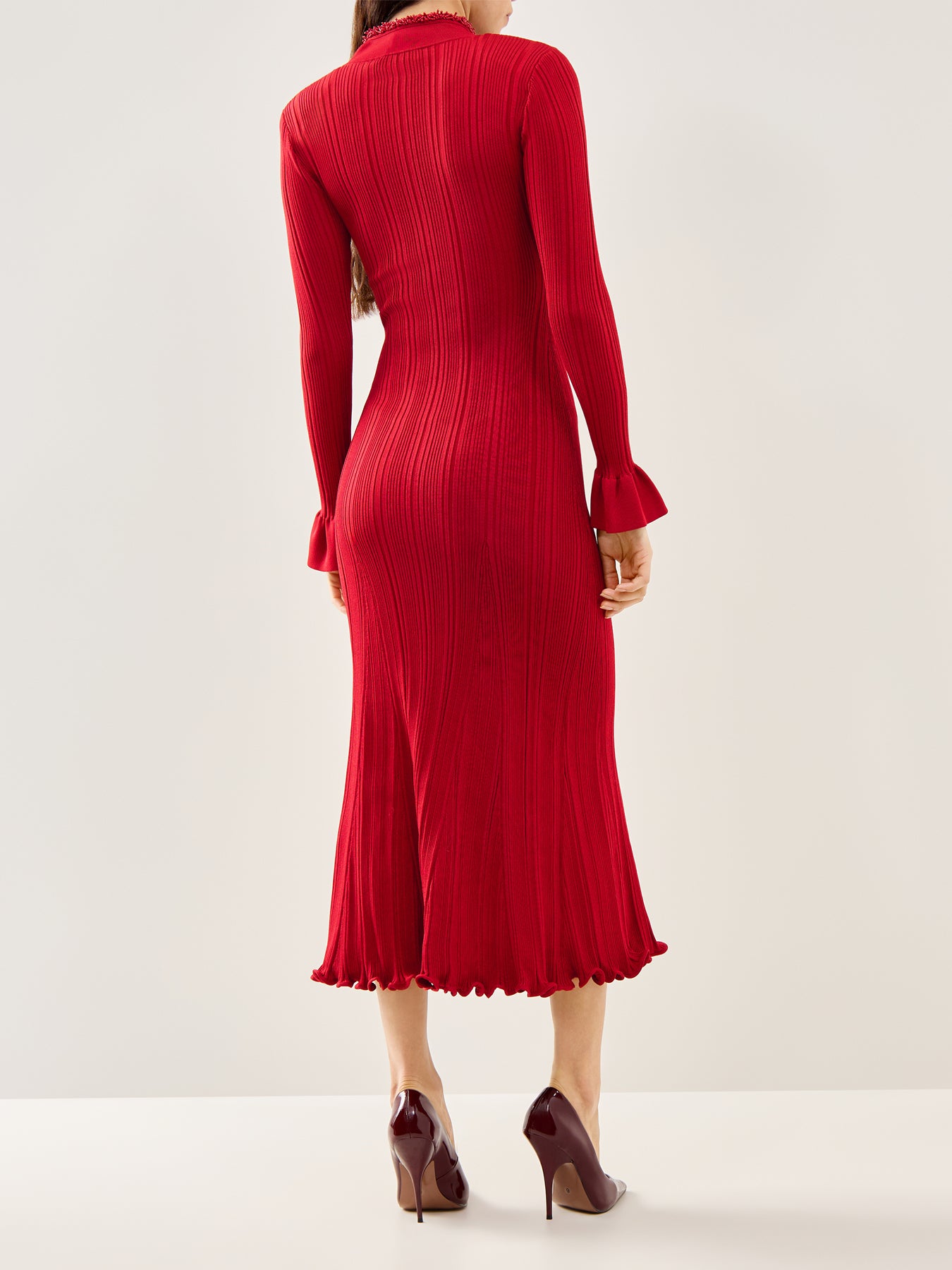 Red Pearl Trim Knit Midi Dress Red