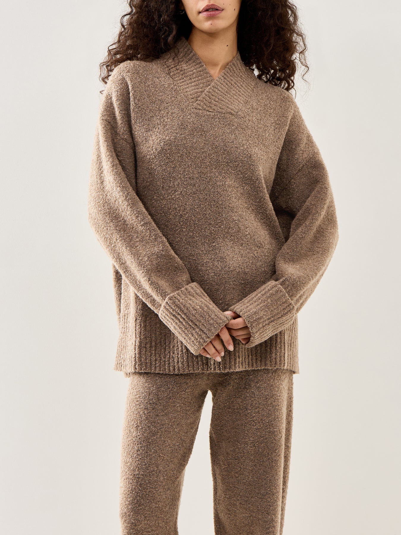 Camille V-Neck Oversized Borg Jumper Brown