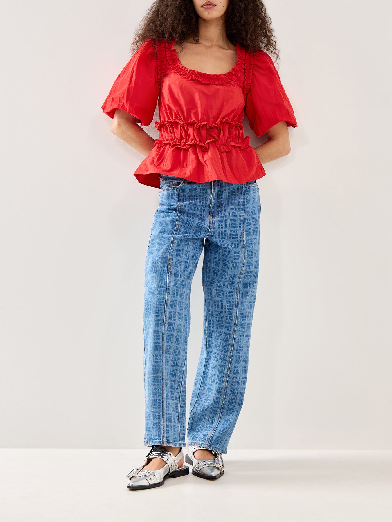 Everly Ruffle Tafetta Blouse Red