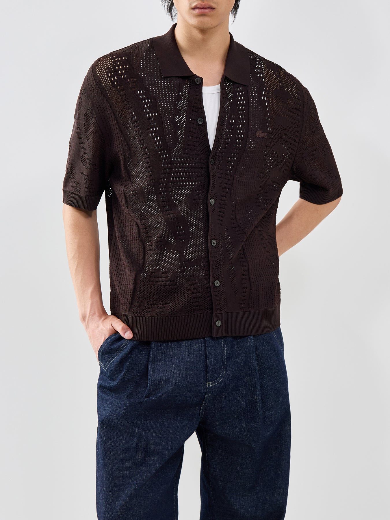 Crochet Knit Short Sleeve Shirt Brown