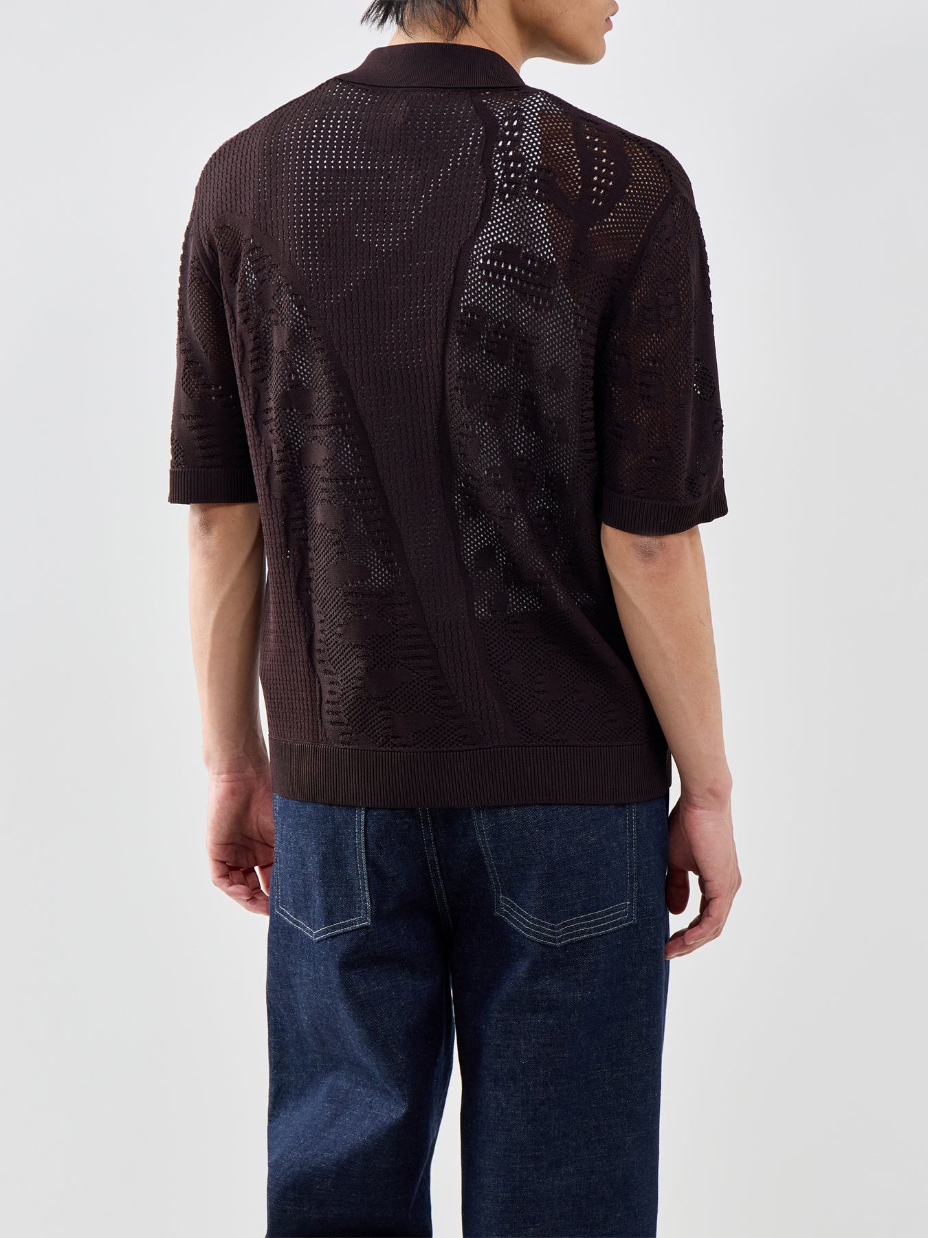 Crochet Knit Short Sleeve Shirt Brown