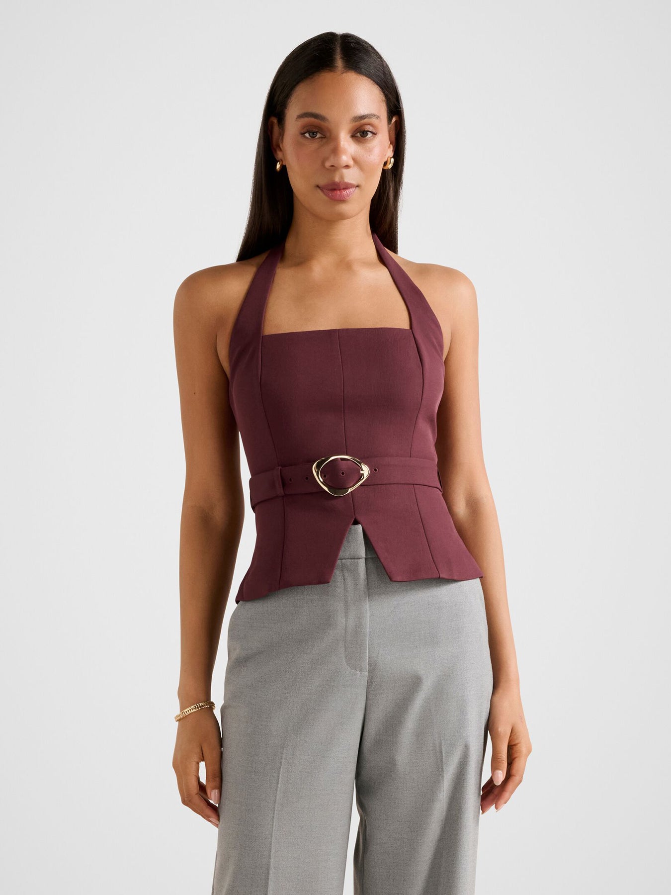 Ellisa Belted Hardware Long Sleeve Top Red