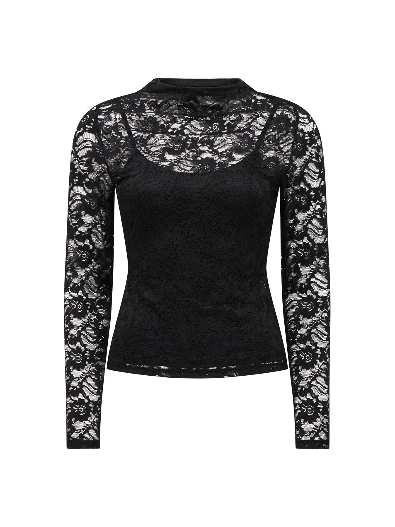 Henley High Neck Lace Top Black