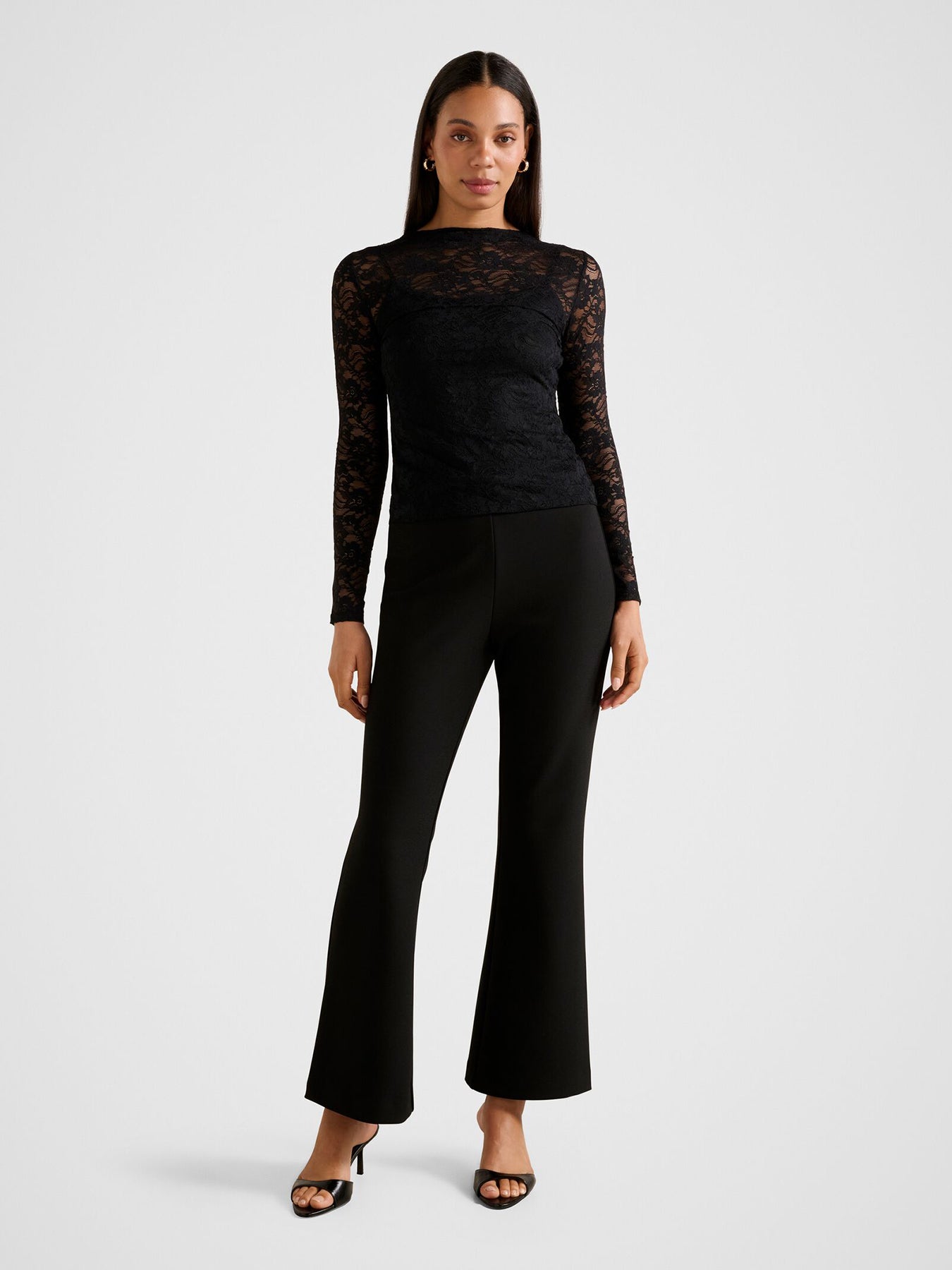 Henley High Neck Lace Top Black