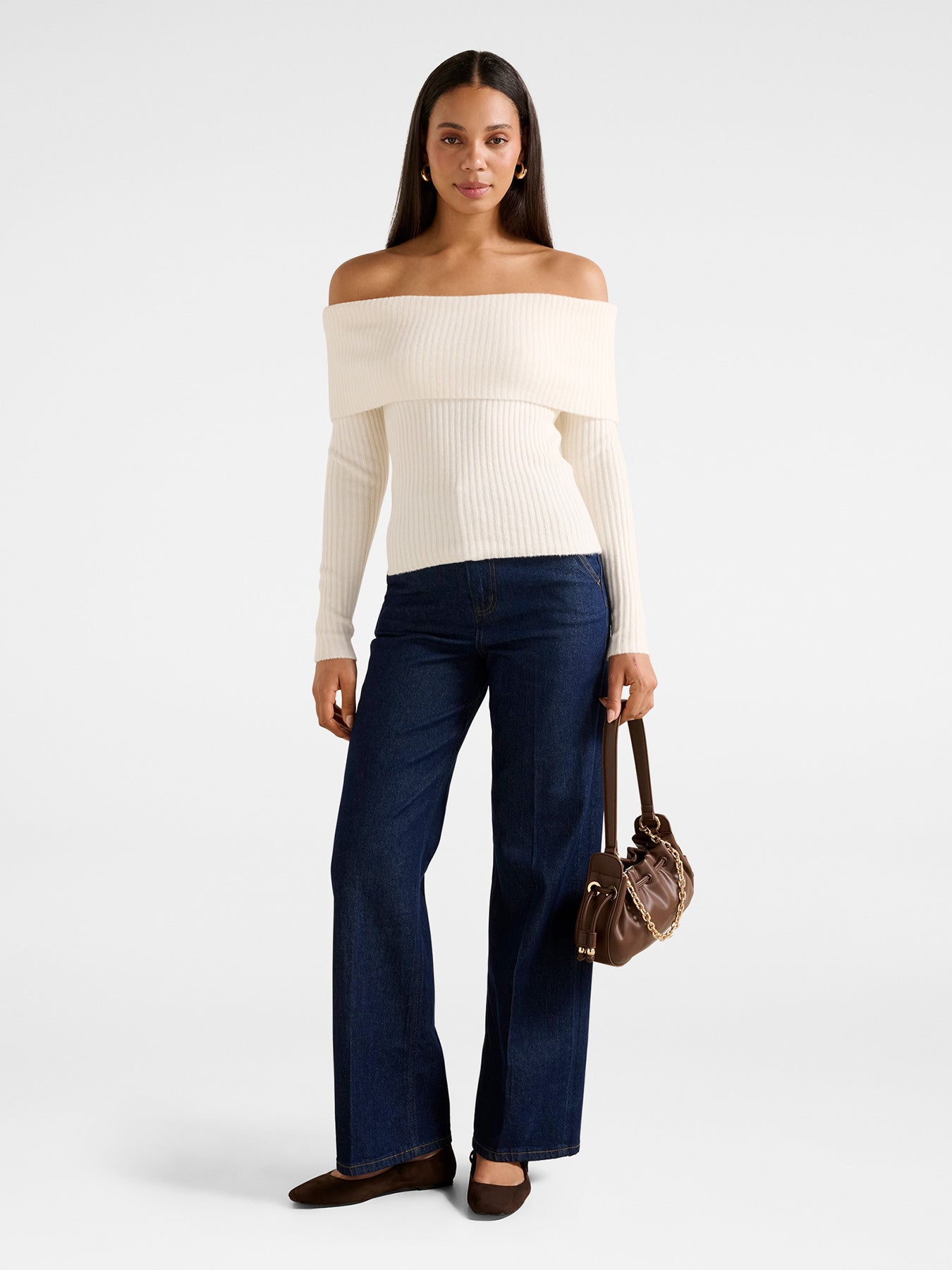 Ashley Ribbed Bardot Top Beige