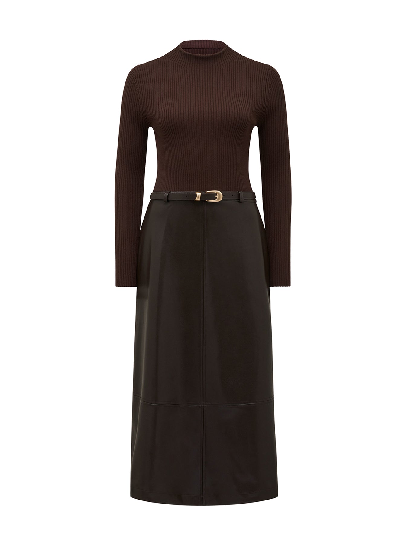Brooklyn Vegan Leather A Line Midi Dress Brown