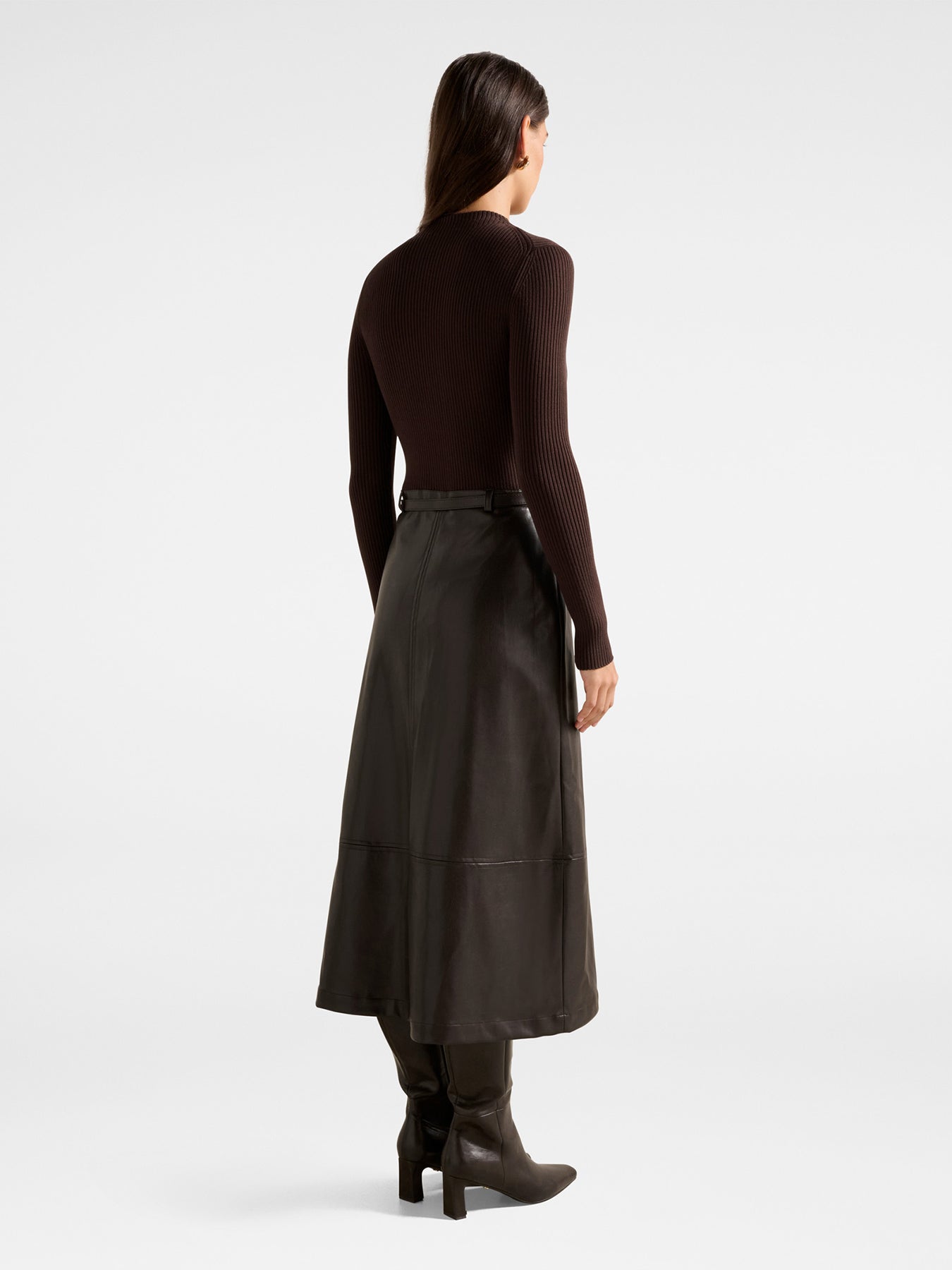 Brooklyn Vegan Leather A Line Midi Dress Brown