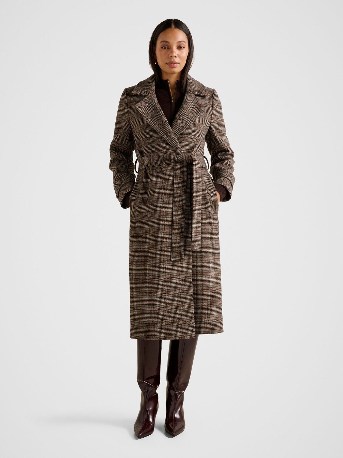 Luccia Belted Check Coat Brown