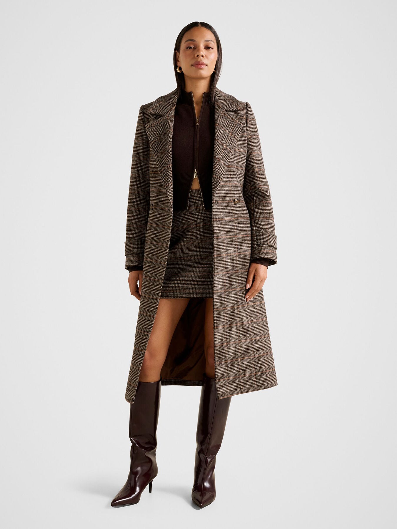 Luccia Belted Check Coat Brown