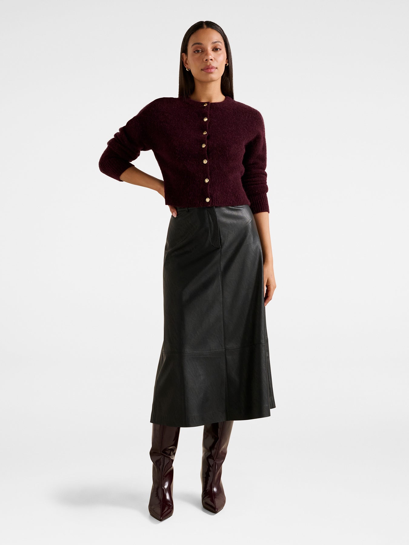 Jaelyn Vegan Leather Midi Skirt Red