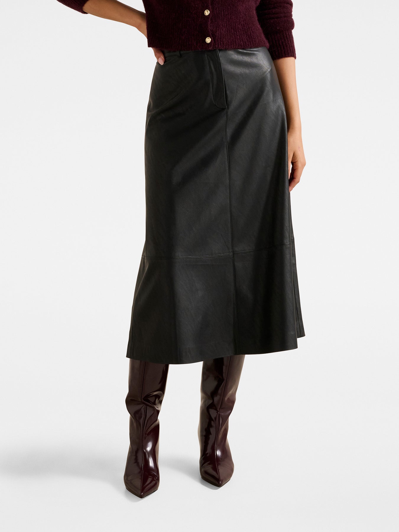 Jaelyn Vegan Leather Midi Skirt Red