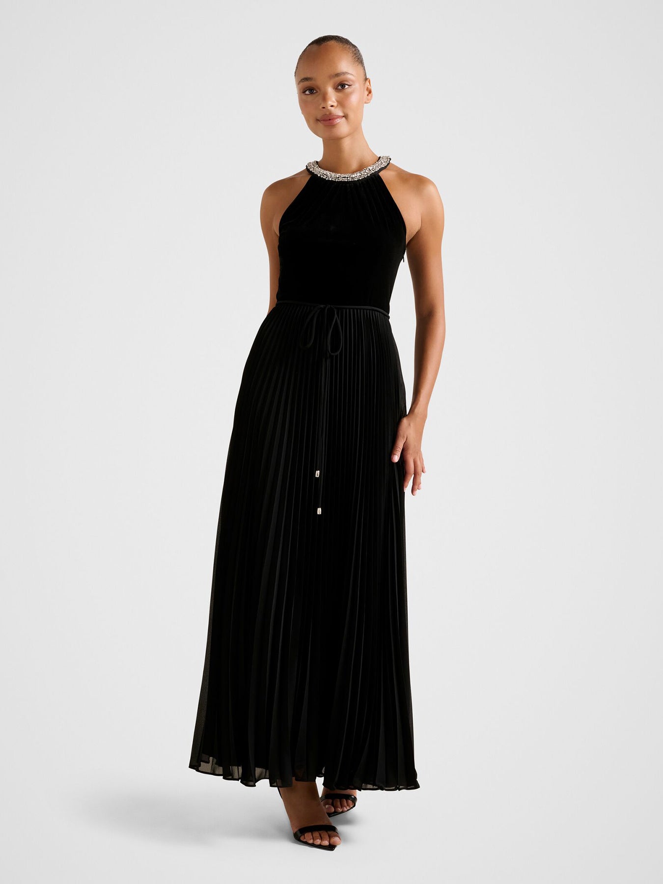 Gwen Halter Neck Pleated Midi Dress Black