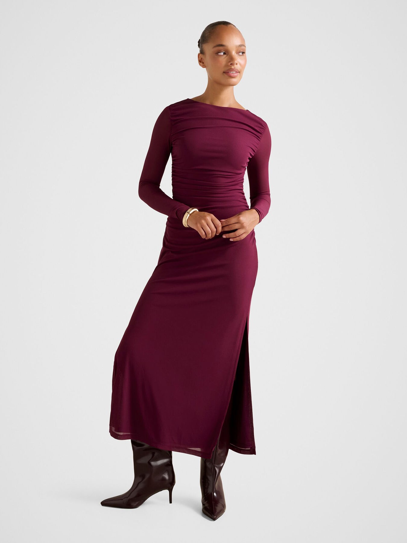 Brittany Gathered Mesh Midi Dress Purple