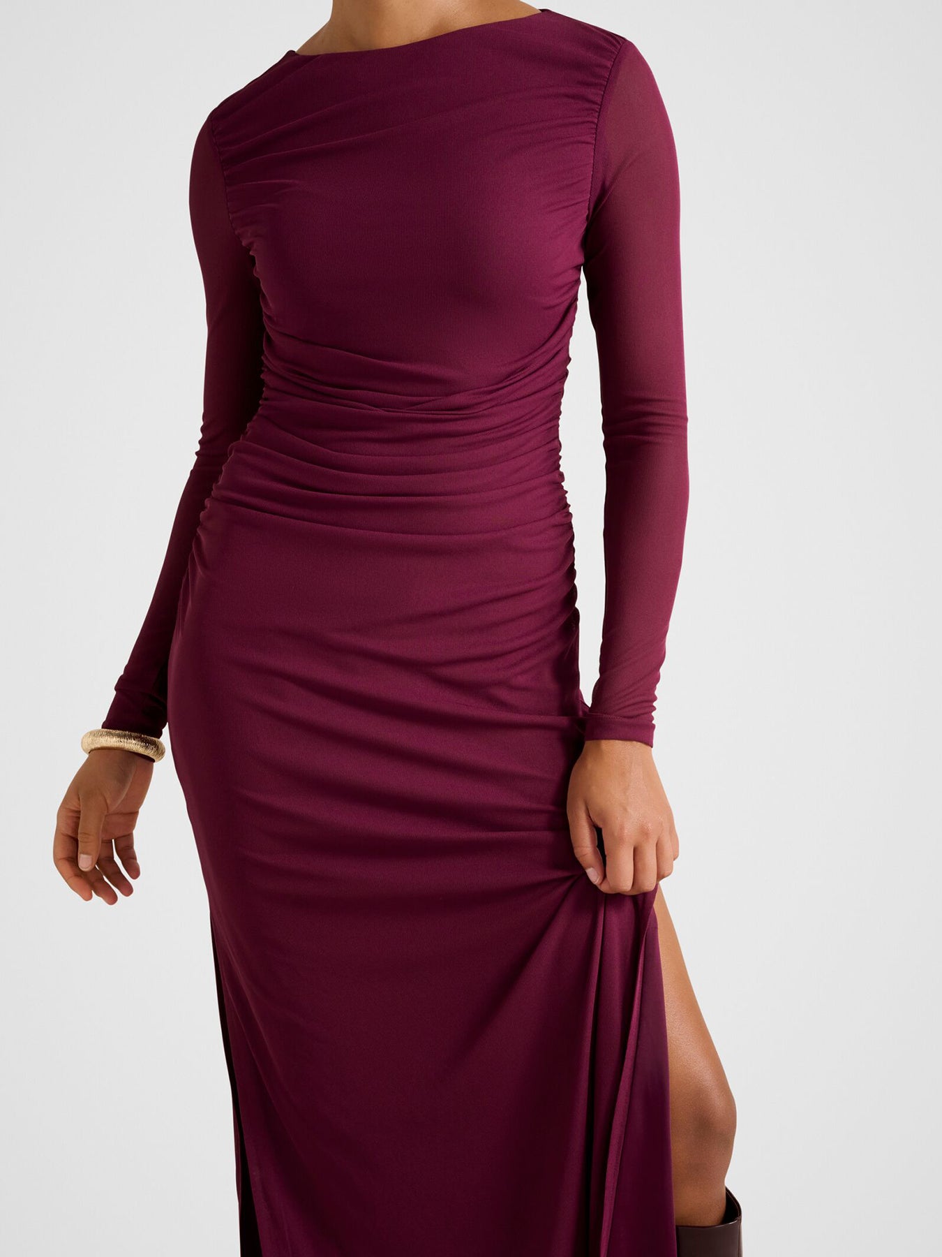 Brittany Gathered Mesh Midi Dress Purple
