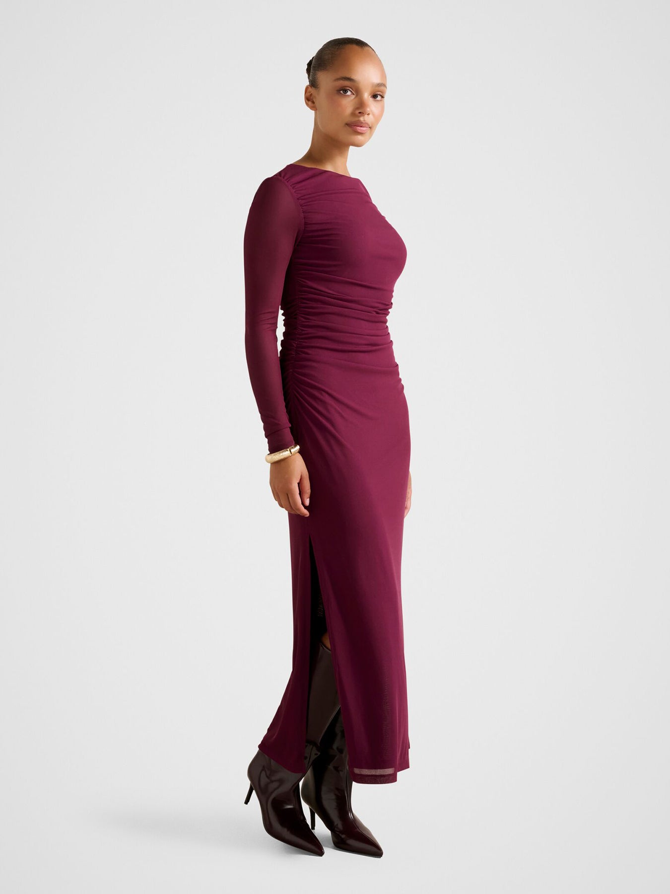 Brittany Gathered Mesh Midi Dress Purple