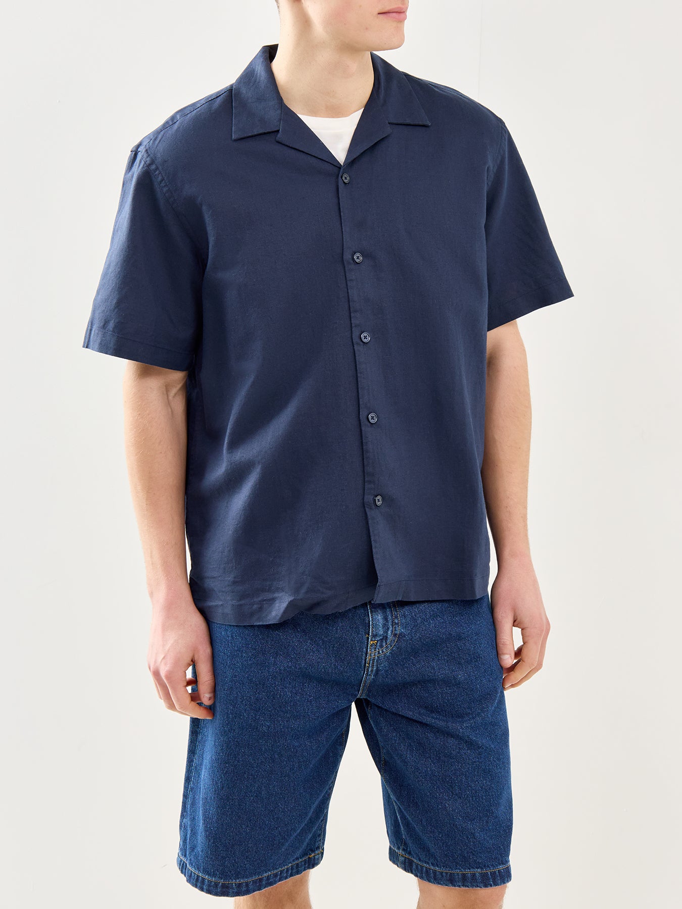 Relaxed Linen-Blend Short Sleeve Shirt Navy