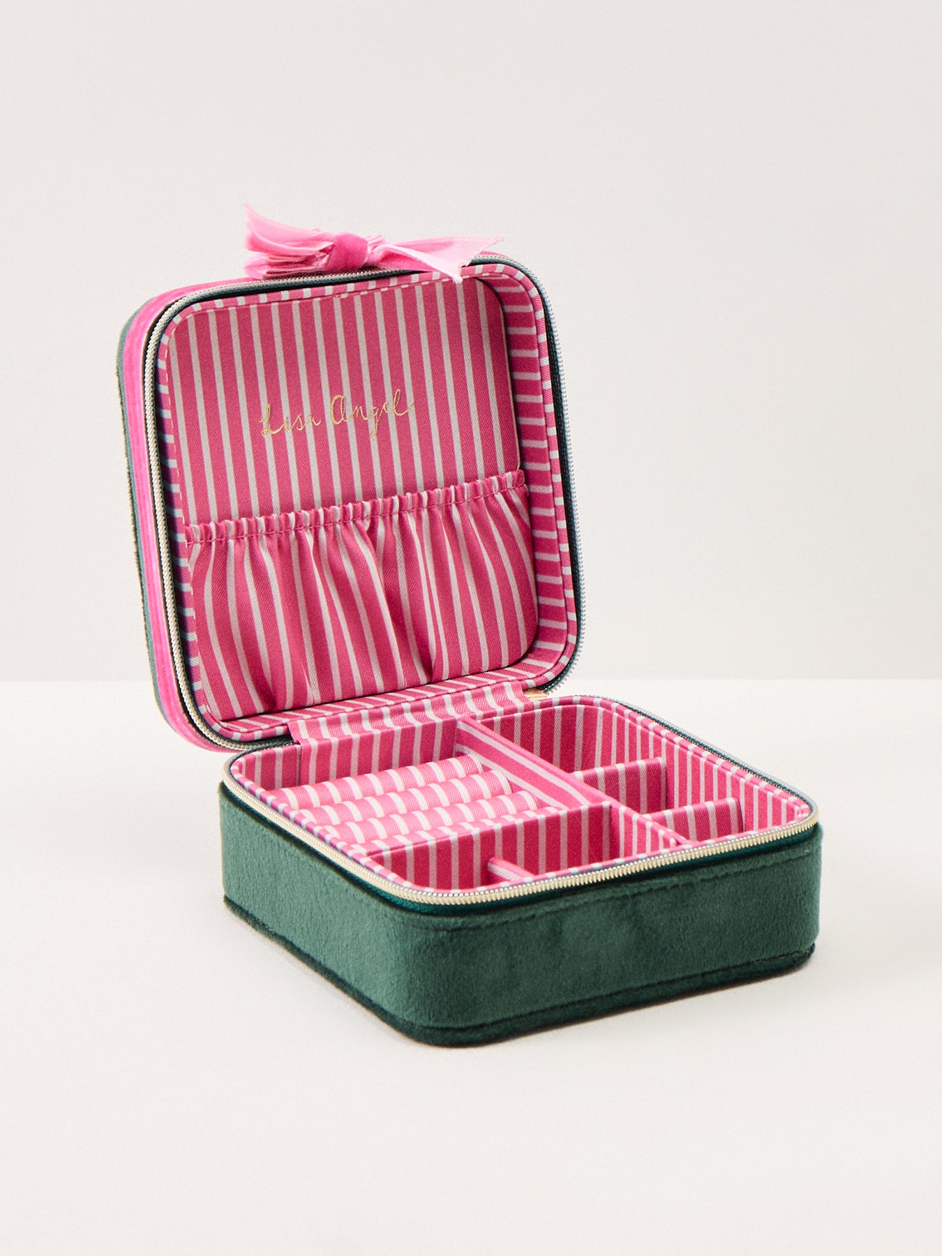 Green Pink Velvet Bow Square Jewellery Case