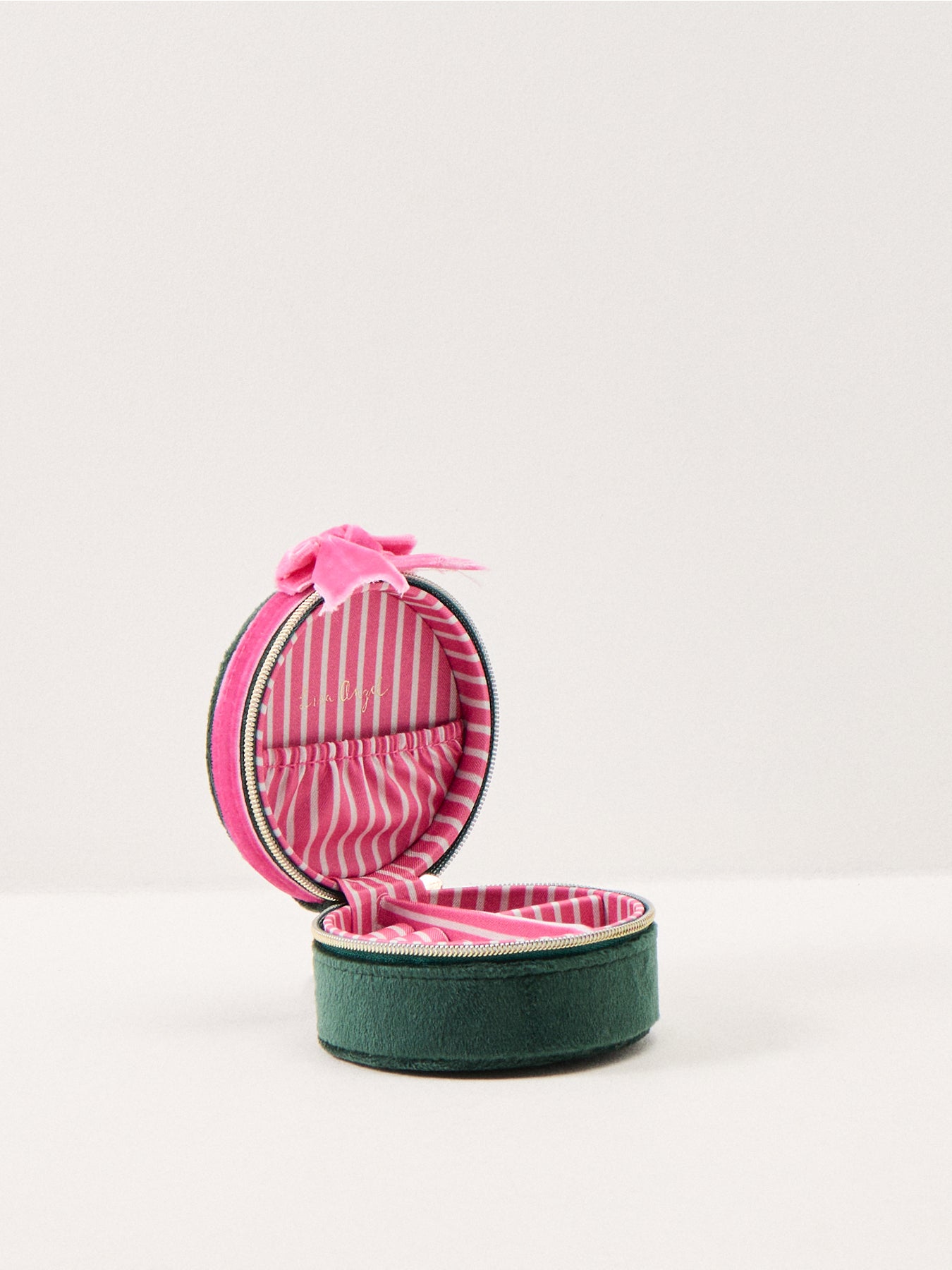 Velvet Bow Round Jewellery Case Green