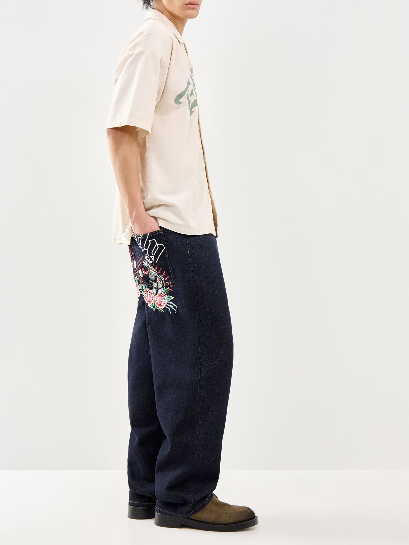 Embroidered Panther Relaxed Jeans Blue